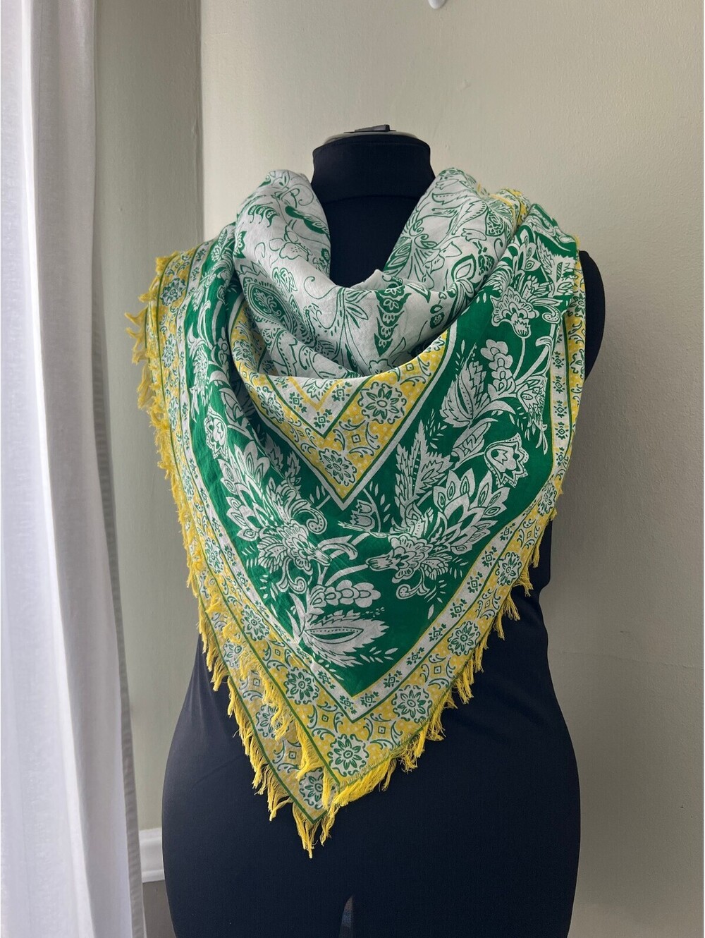 Aratta Green and Yellow Floral Patterned Shawl with Fringe Edging NWOT